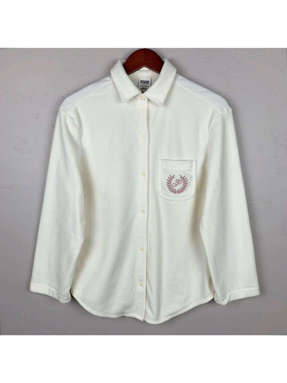Pink Victoria's Secret Fleece Pajama Shirt Top Cream Pocket Crest Women's XS